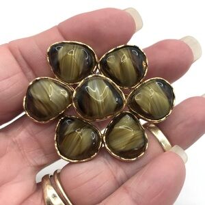 Gold-Tone & Olive Green Glass Cabochon Brooch